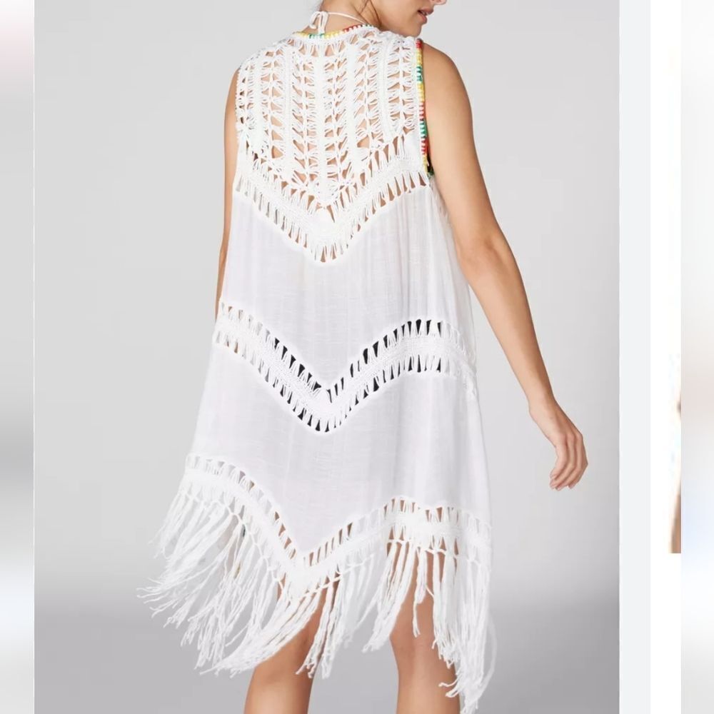 One World Sleeveless Open Front Boho Festival Fringe Shawl Cover Size 1X